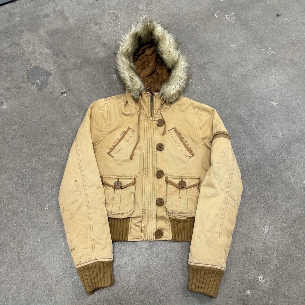 Vintage Y2K Abercrombie & Fitch Faux Fur Hooded Bomber Utility Grunge Tan Jacket